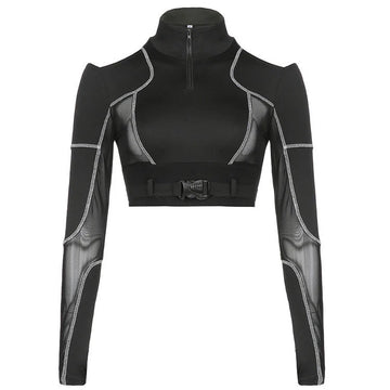 Cyber Gothic long sleeve crop top, sexy hollow-out patchwork tee, Emo Alt aesthetic mesh techwear shirt for Mall Goth & cyberpunk streetwear fashion