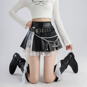Y2K high waist PU leather mini skirt with zipper decor