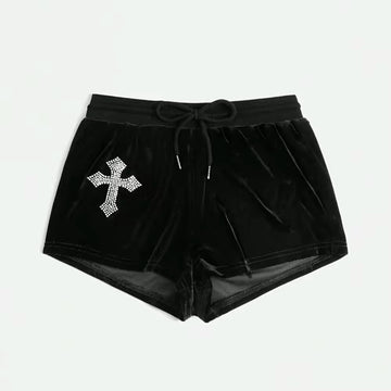 Gothic velvet shorts with rhinestone cross detail for women’s streetwear