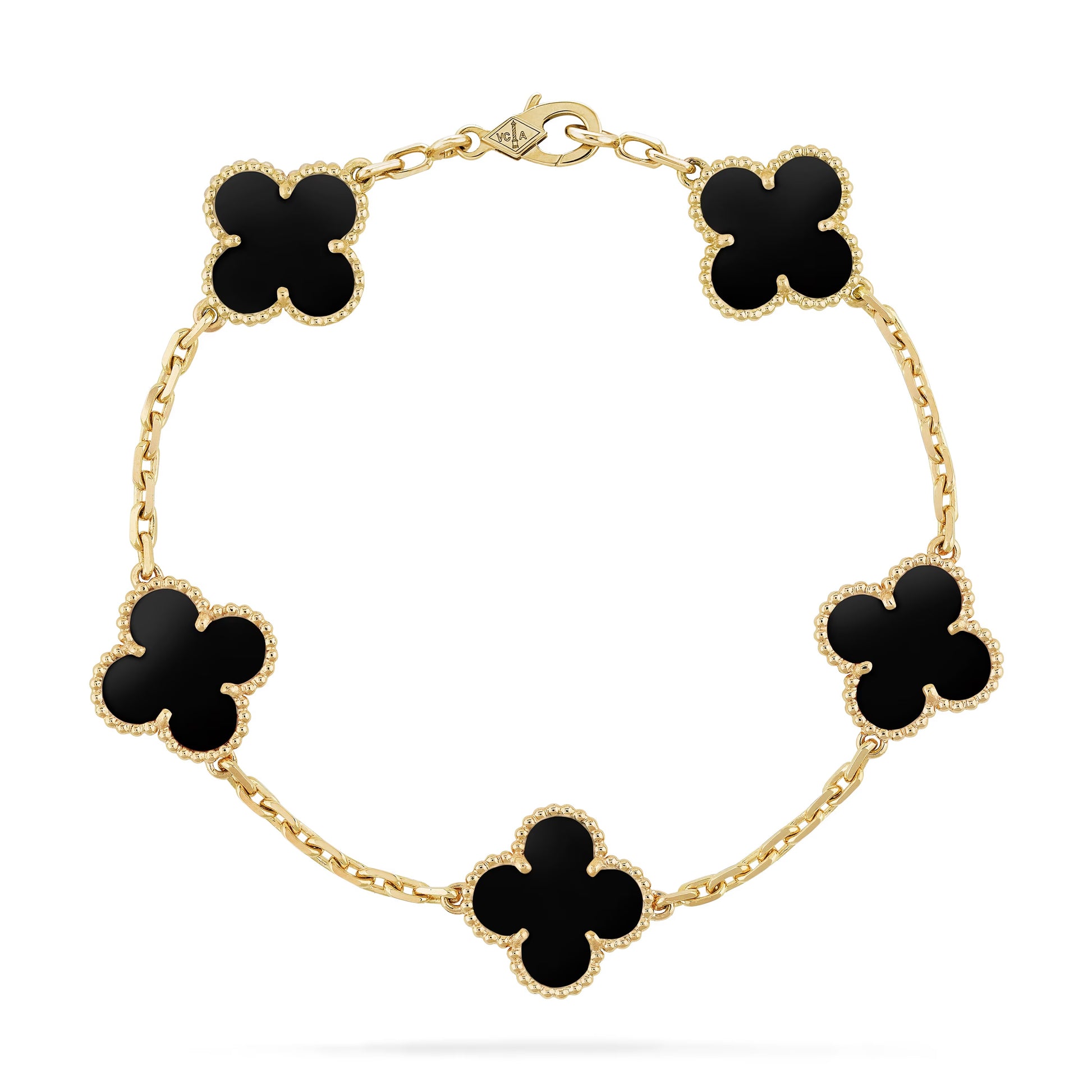 V-Gold clover bracelet with laser-cut details and enamel charm