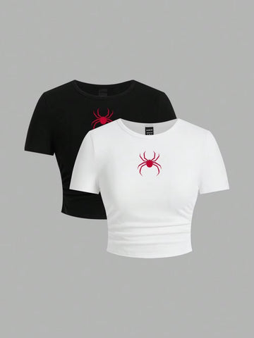 Red Spider Crop Top – Y2K Aesthetic Slim-Fit Women's T-Shirt