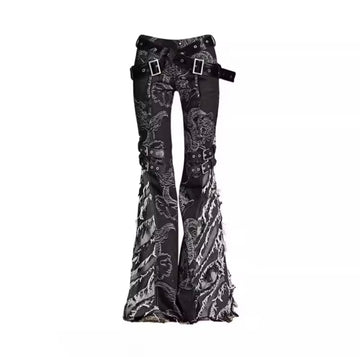 Y2K dragon flare jeans with high waist and embroidery