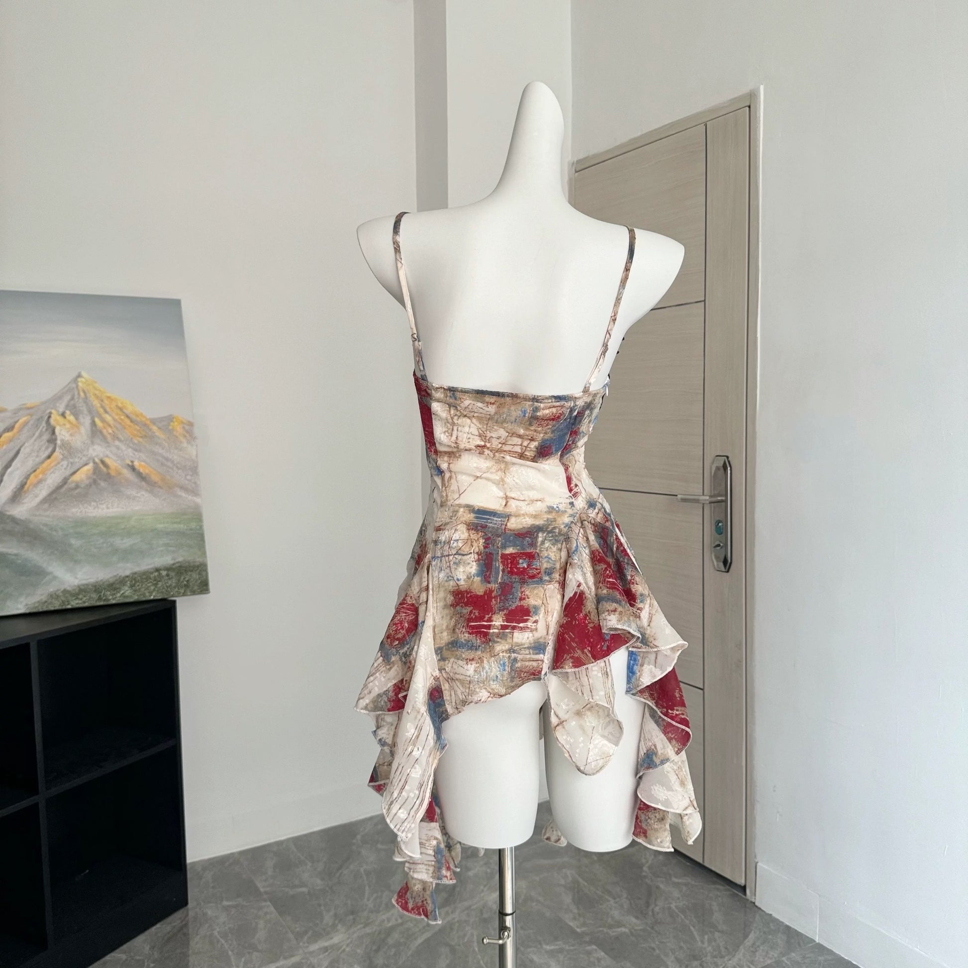 E-girl 2000s crop camisole with lace ruffles, painting print, and halter silhouette for nostalgic feminine fashion fans
