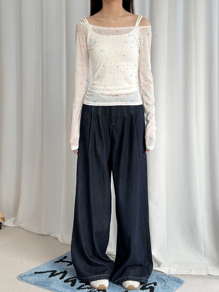 Y2K-inspired long sleeve shirt with star print and Korean style, soft and chic addition to your alt wardrobe