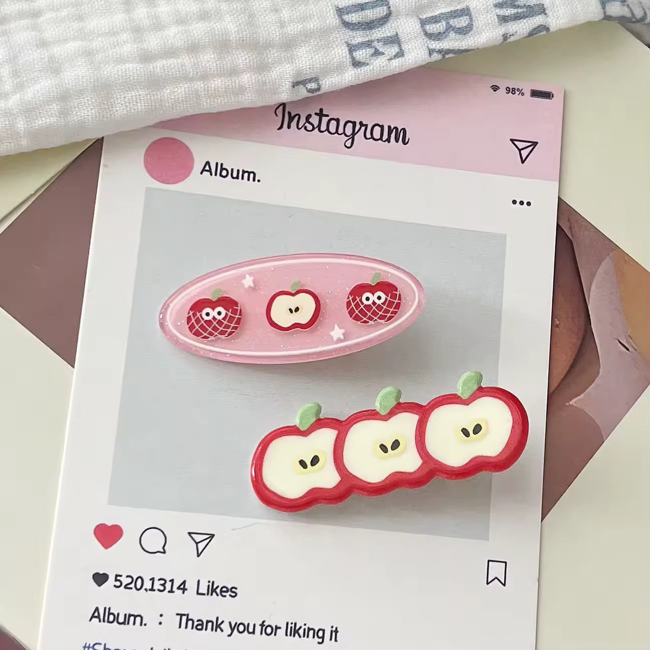 Pink oval acrylic hairpins with heart-shaped apple patterns and white stars, perfect for kawaii fashion