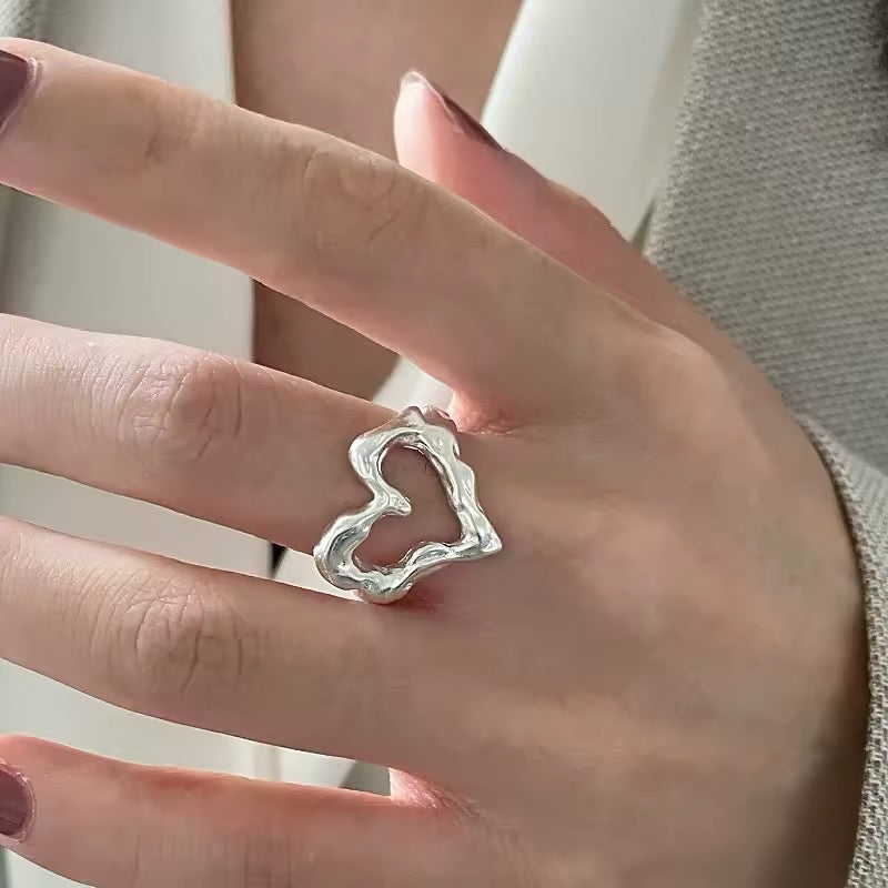 Adjustable open band silver ring with heart
