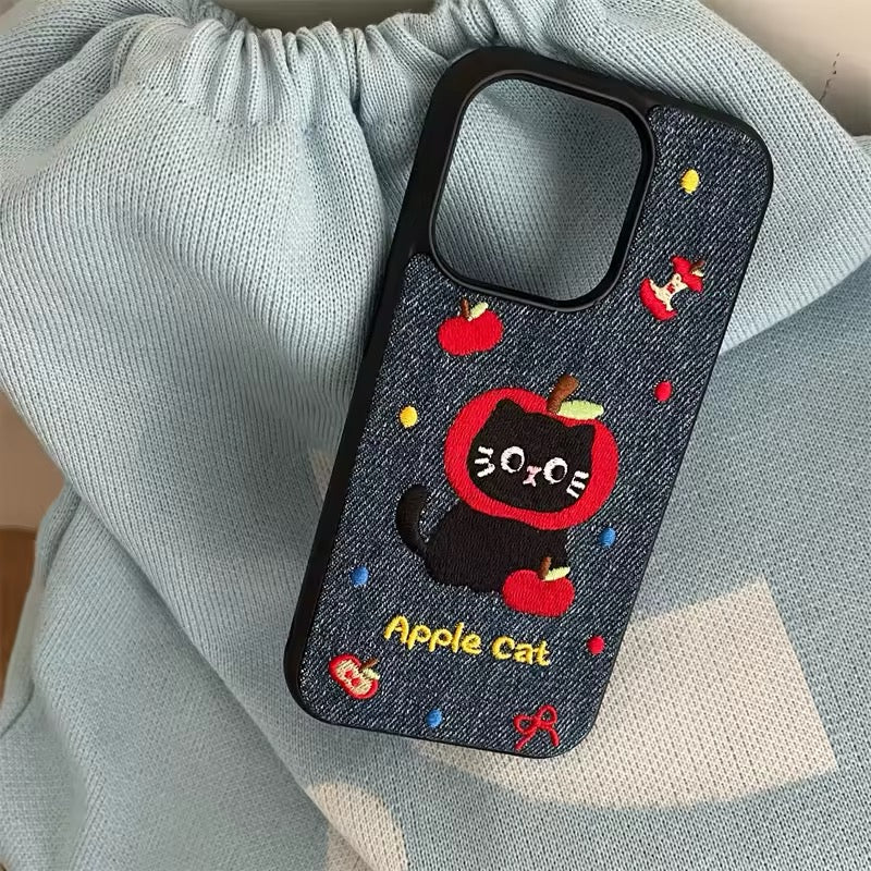 Pink and black fruit embroidery on denim iPhone case