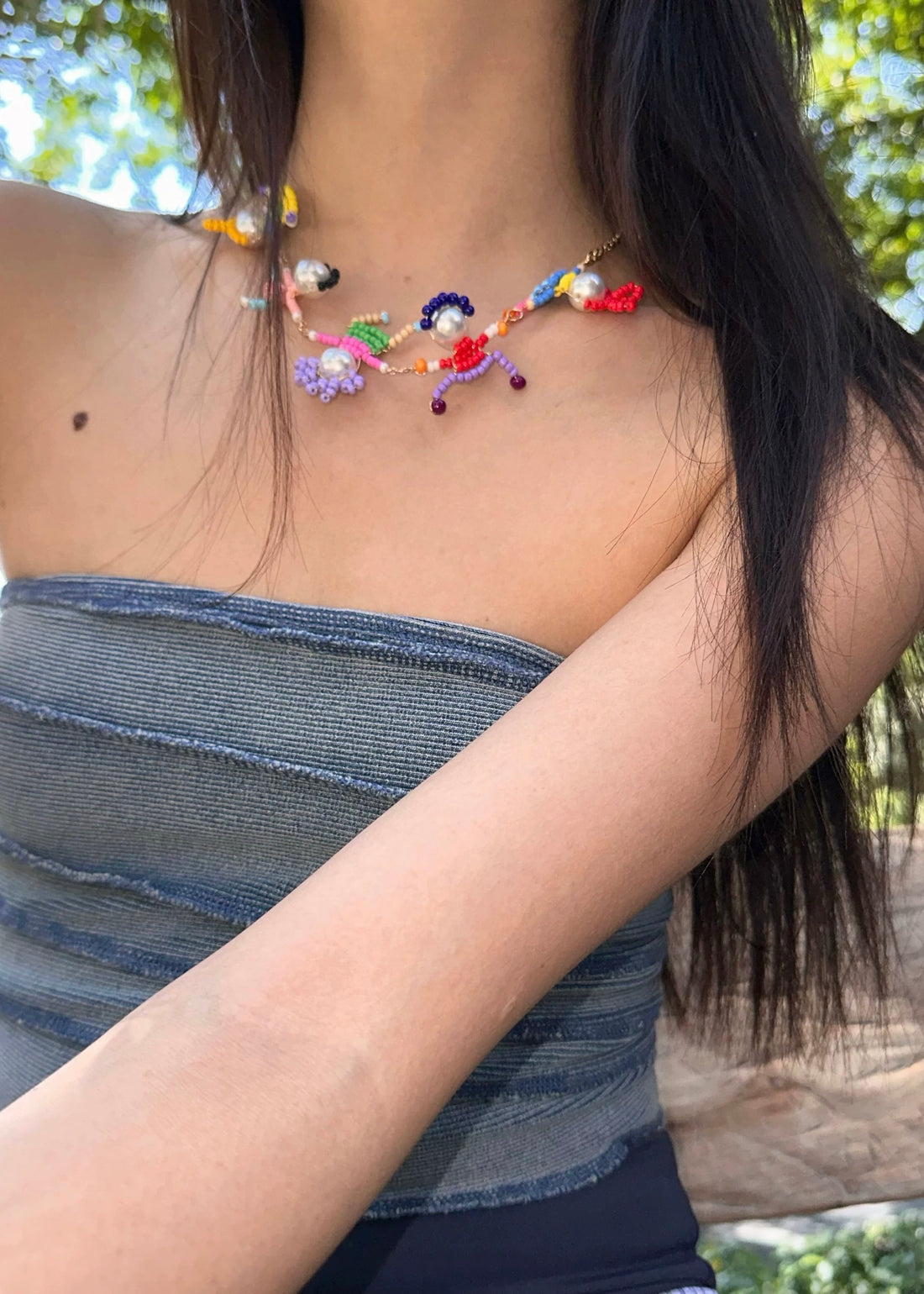 Kidcore cartoon beaded necklace with colorful Y2K-inspired acrylic beads and trendy collar bone chain, perfect for soft girl and egirl aesthetic jewelry