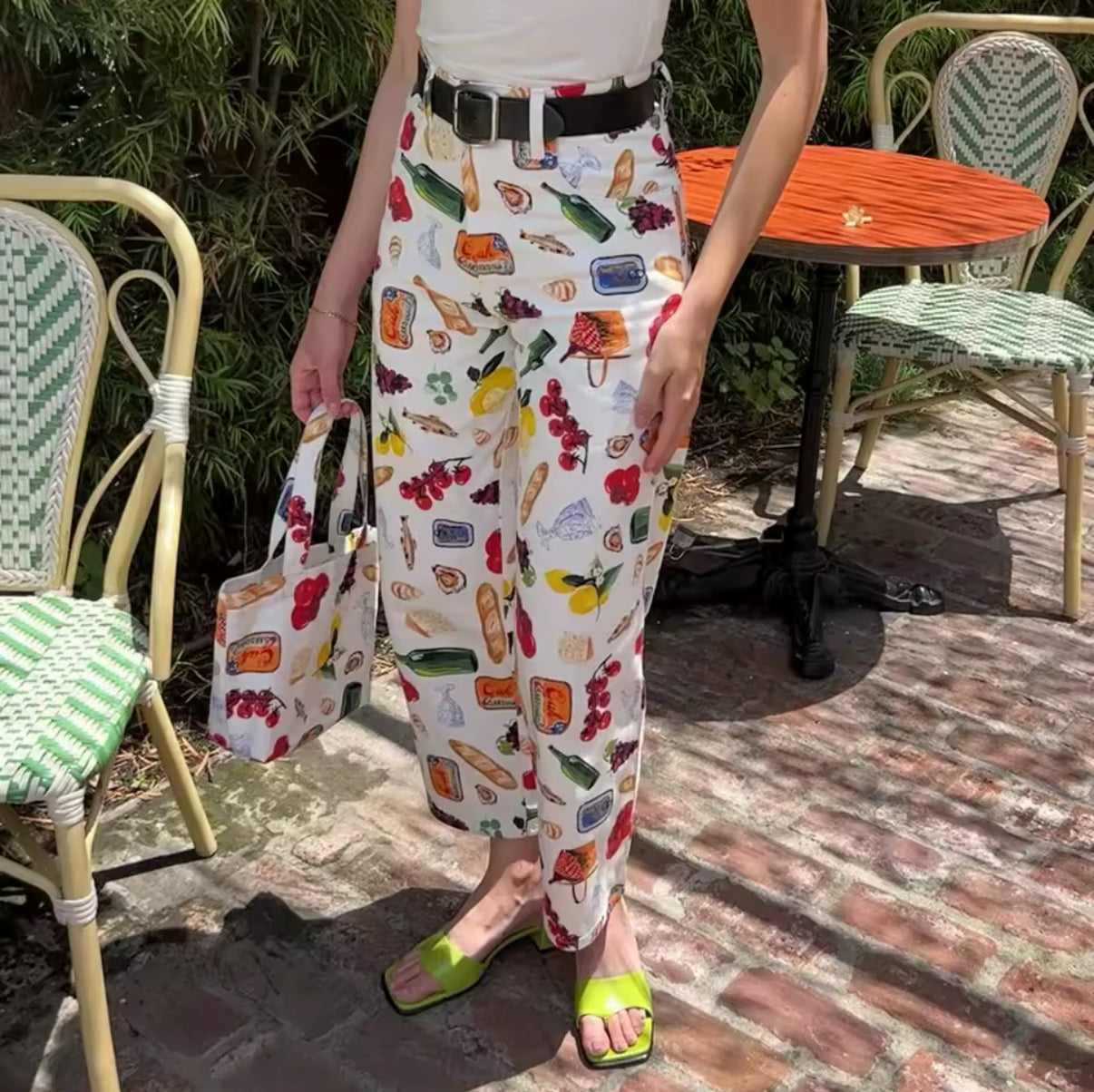 Colorful Y2K denim pants with bold fruit and vegetable graphics