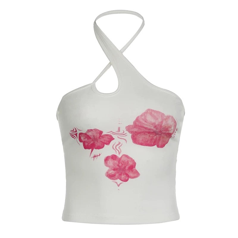 Y2K-inspired sleeveless crop top with floral details
