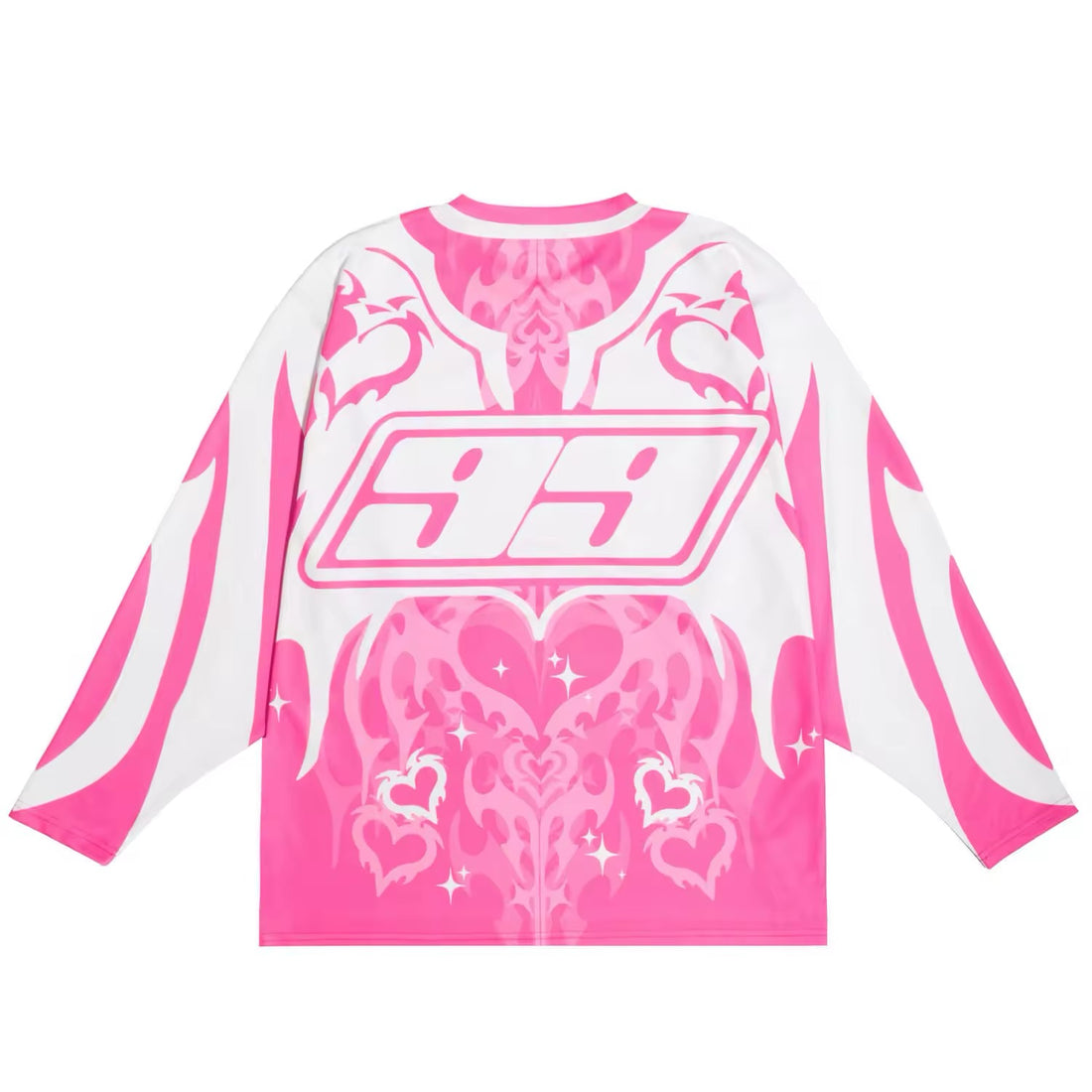 Oversized pink long sleeve shirt with tribal heart and flame graphic, perfect for Y2K aesthetic lovers.