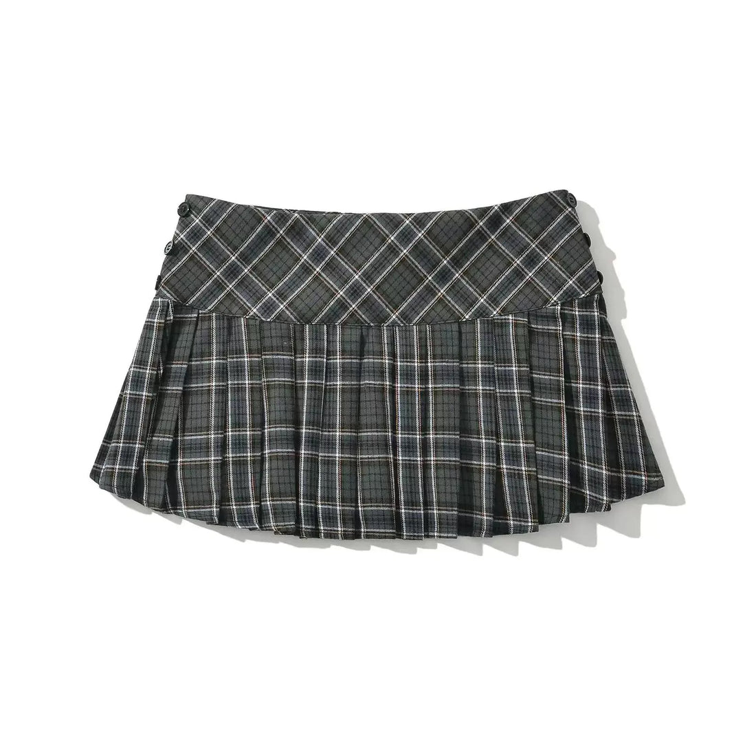 Green plaid skirt with side buttons and pleats for Y2K summer fashion