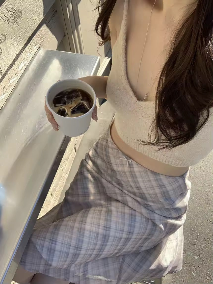 Summer outfit featuring retro plaid midi skirt