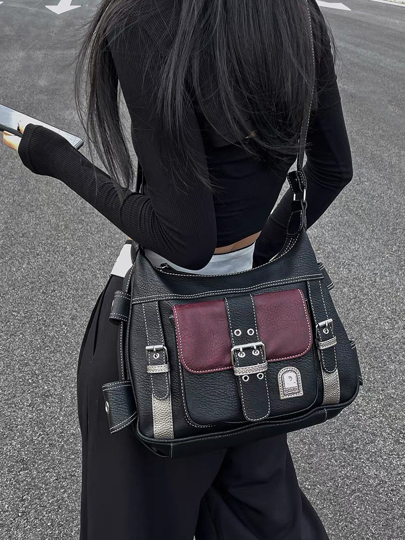 Red and black PU crossbody bag with adjustable strap