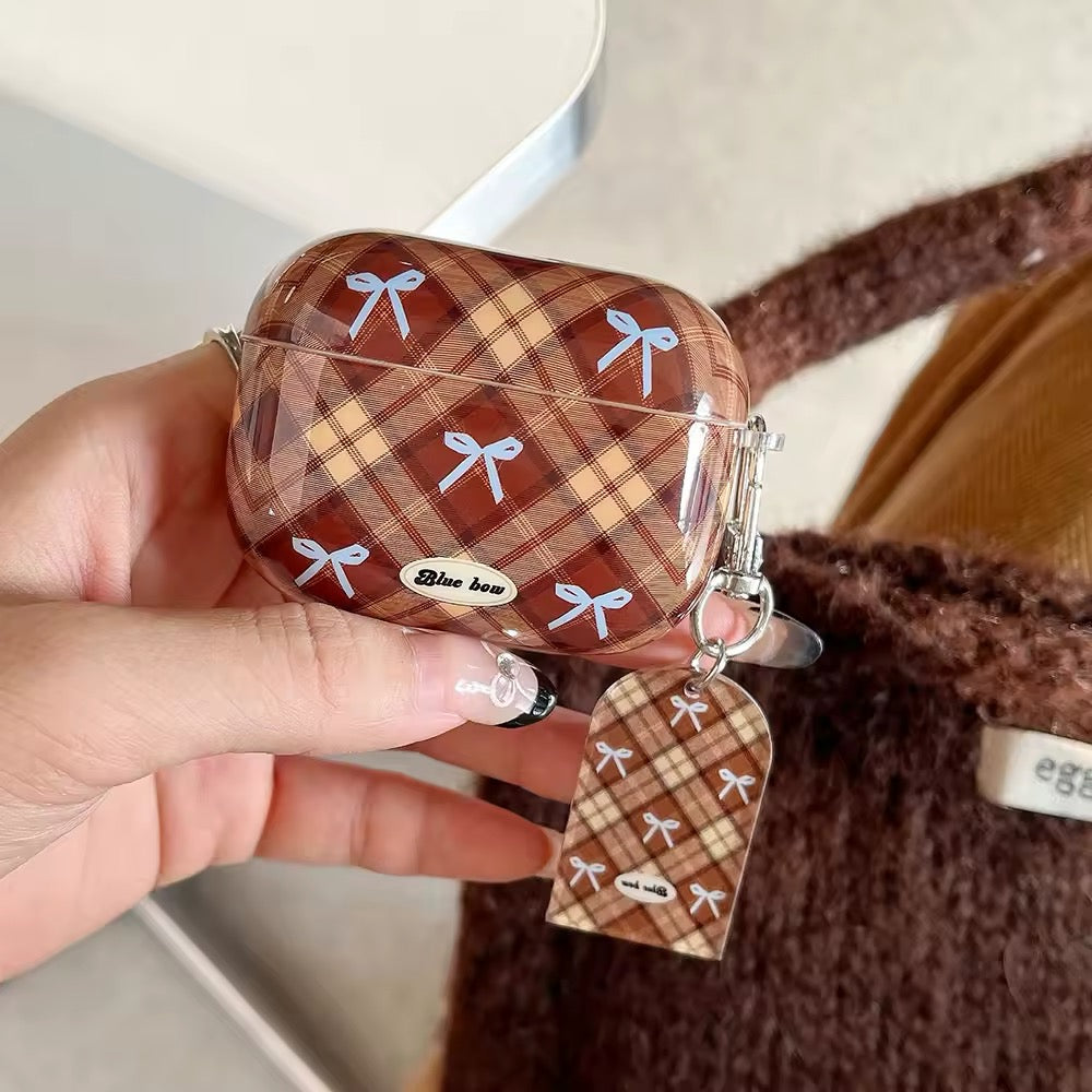 Hard PC material plaid AirPods case with bow keychain and tag
