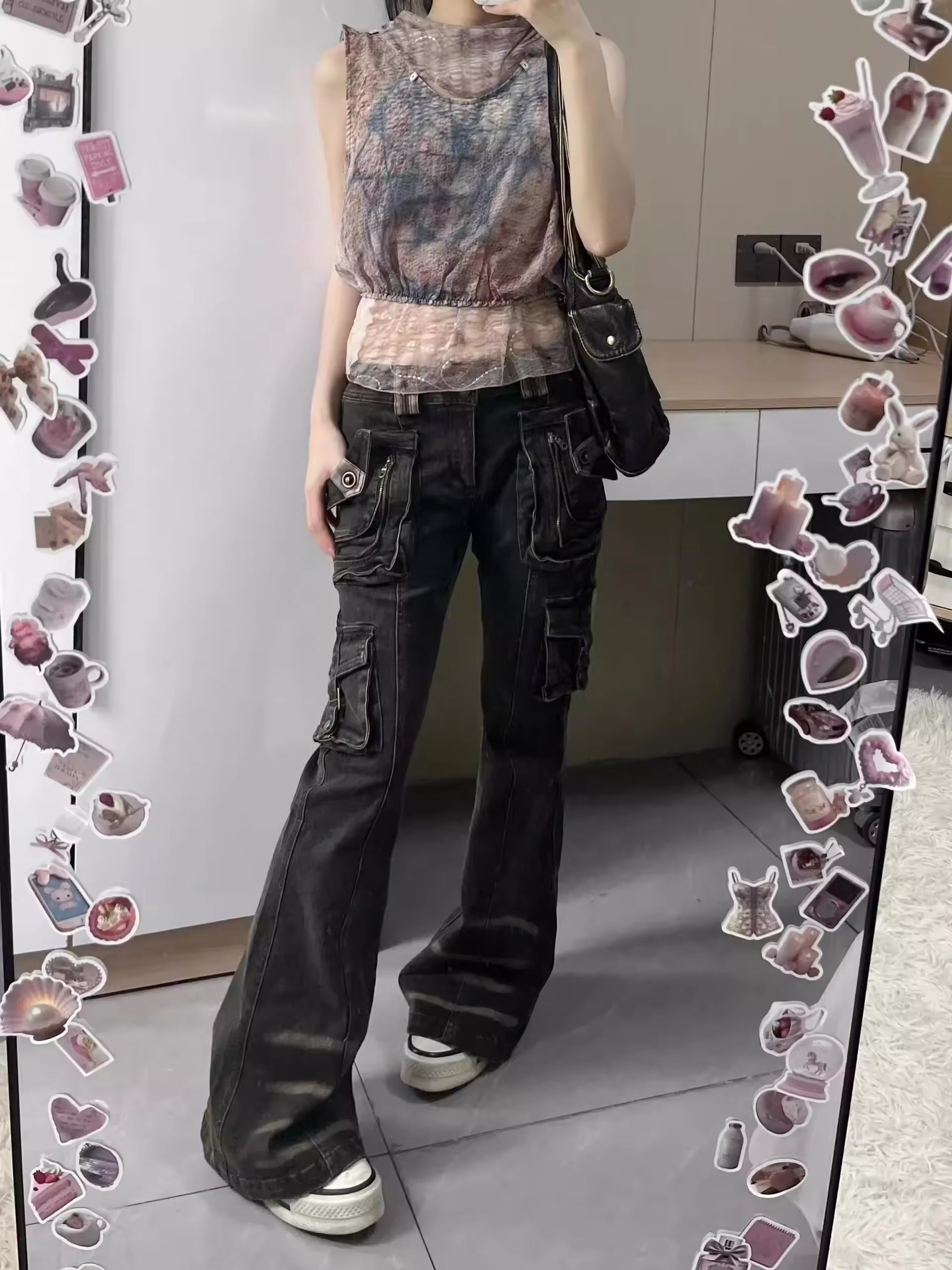 Side view of flared low-rise jeans with tomboy silhouette