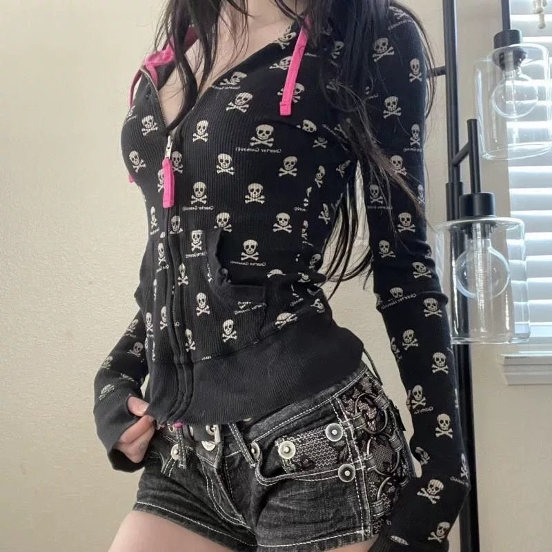 Full-body shot of Y2K goth hoodie outfit styled with accessories.