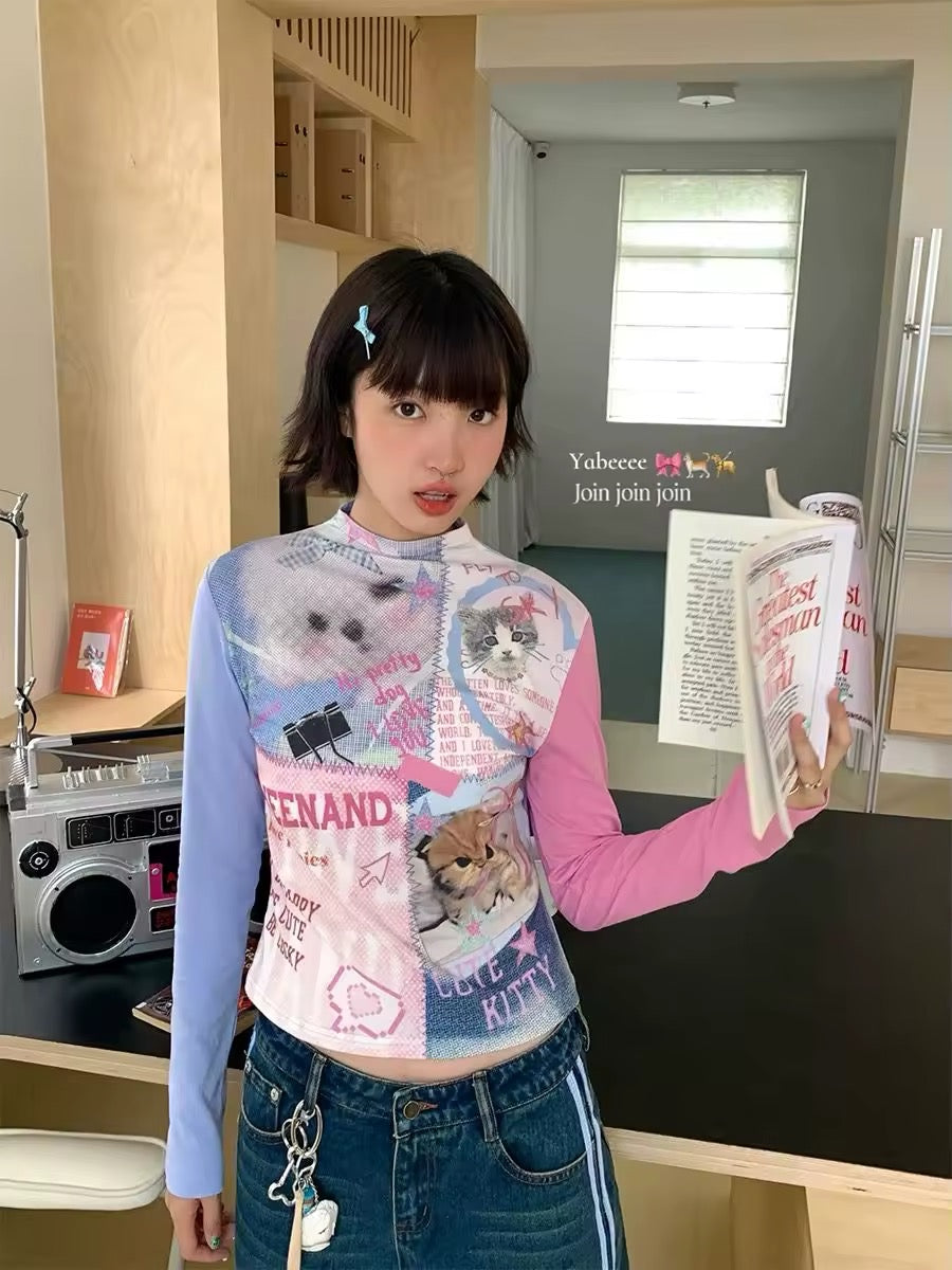 Vintage American retro pet print long sleeve tee, Y2K patchwork t-shirt, soft girl aesthetic dopamine fashion streetwear top, 2000s nostalgia fashion