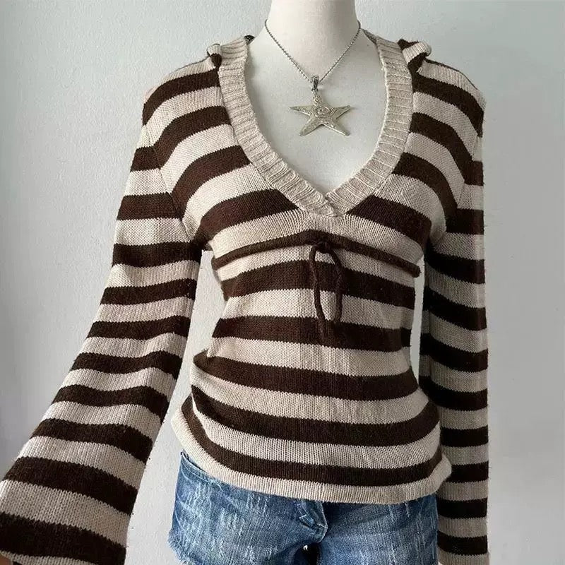 Vintage Y2K slim fit knit sweater with horizontal stripes, ideal for punk, emo, and grunge girl fall and winter fashion outfits