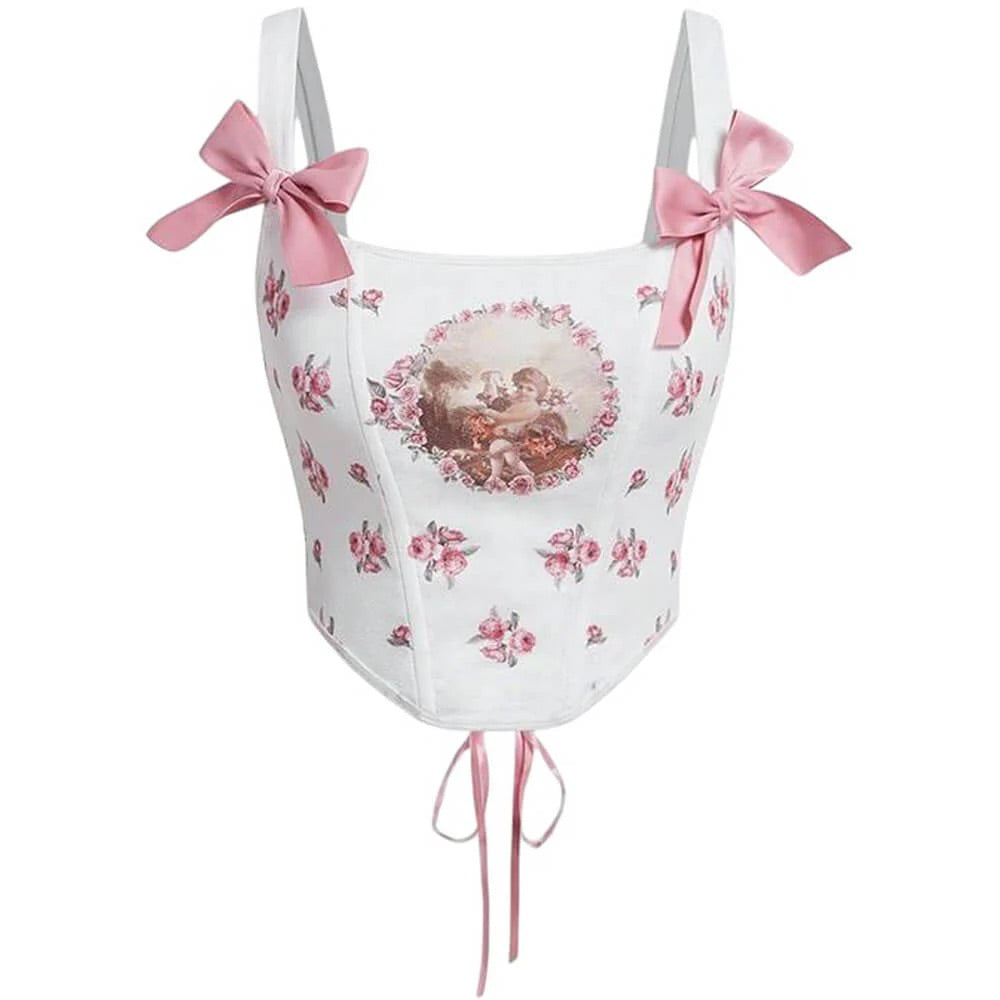 Backless floral corset top for coquette, fairycore, and vintage aesthetics