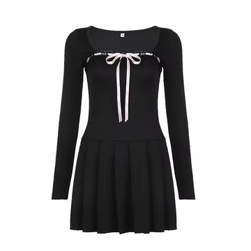 Elegant Black Coquette Mini Dress with lace trim and square collar
