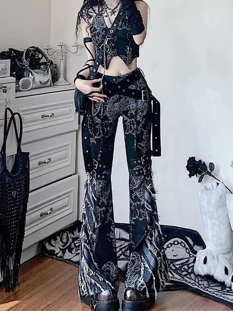 Y2K dragon flare jeans with high waist and embroidery