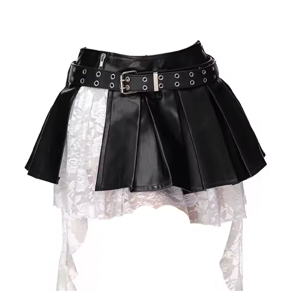 Black high-waisted Y2K aesthetic mini skirt with lace hem
