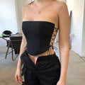 Elegant black off-shoulder corset top with lace-up front, perfect for evening wear