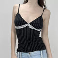 Y2K black retro striped lace camisole with deep V-neck design