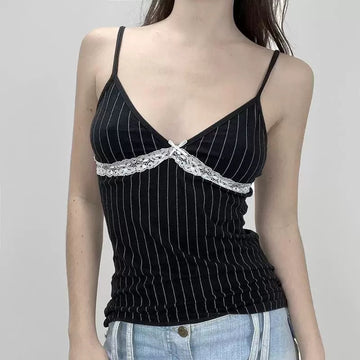 Y2K black retro striped lace camisole with deep V-neck design