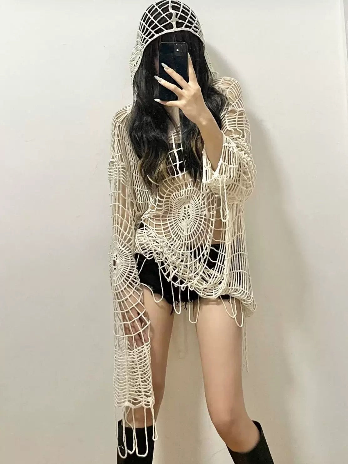 Y2K-inspired spider mesh hoodie for women with gothic streetwear vibes and distressed hollow pattern for edgy layering