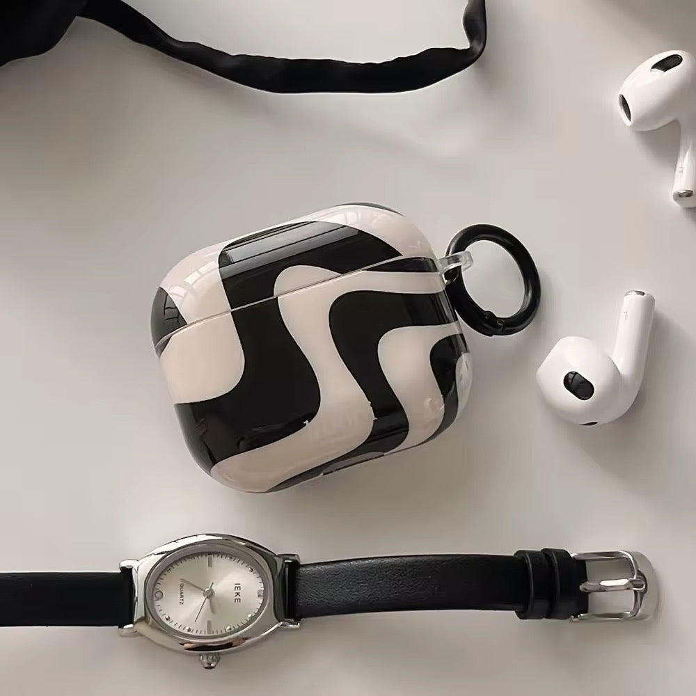 Black and white curved glossy AirPods case with shockproof protection