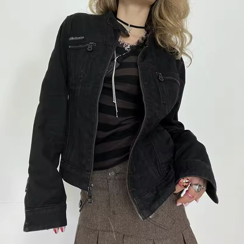 Y2K denim jacket with double zipper front in black