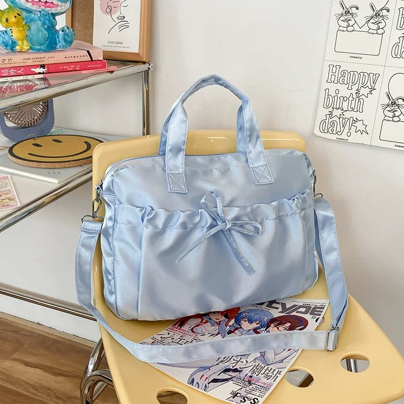 Feminine laptop tote bag with large storage, satin sheen and kawaii coquette vibe