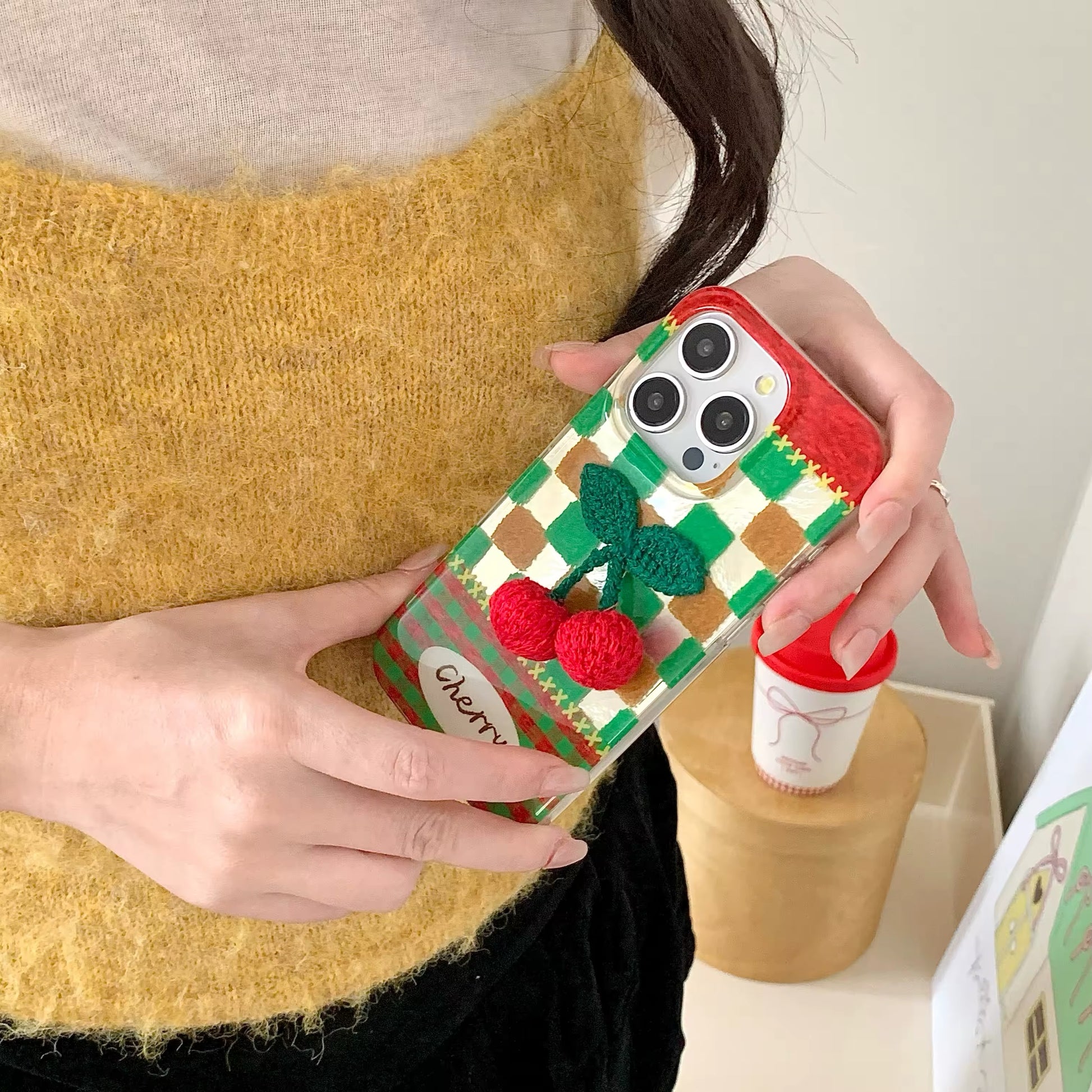 Front view of the Bow & Cherry iPhone Case showcasing 3D bowknot and checker cherry pattern