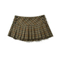 Brown preppy plaid skirt with low waist fit and college girl aesthetic