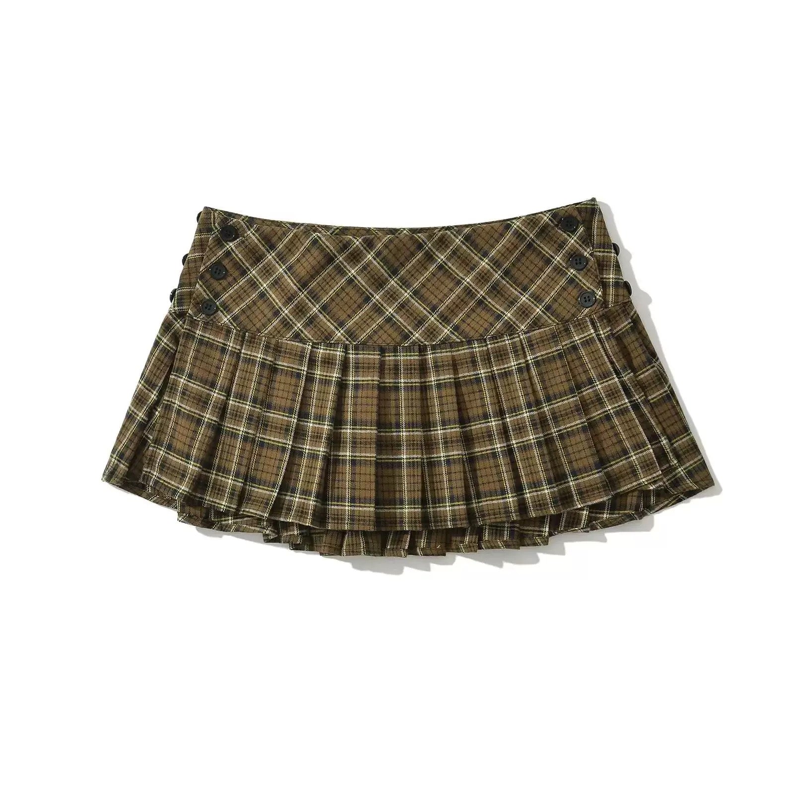 Brown preppy plaid skirt with low waist fit and college girl aesthetic