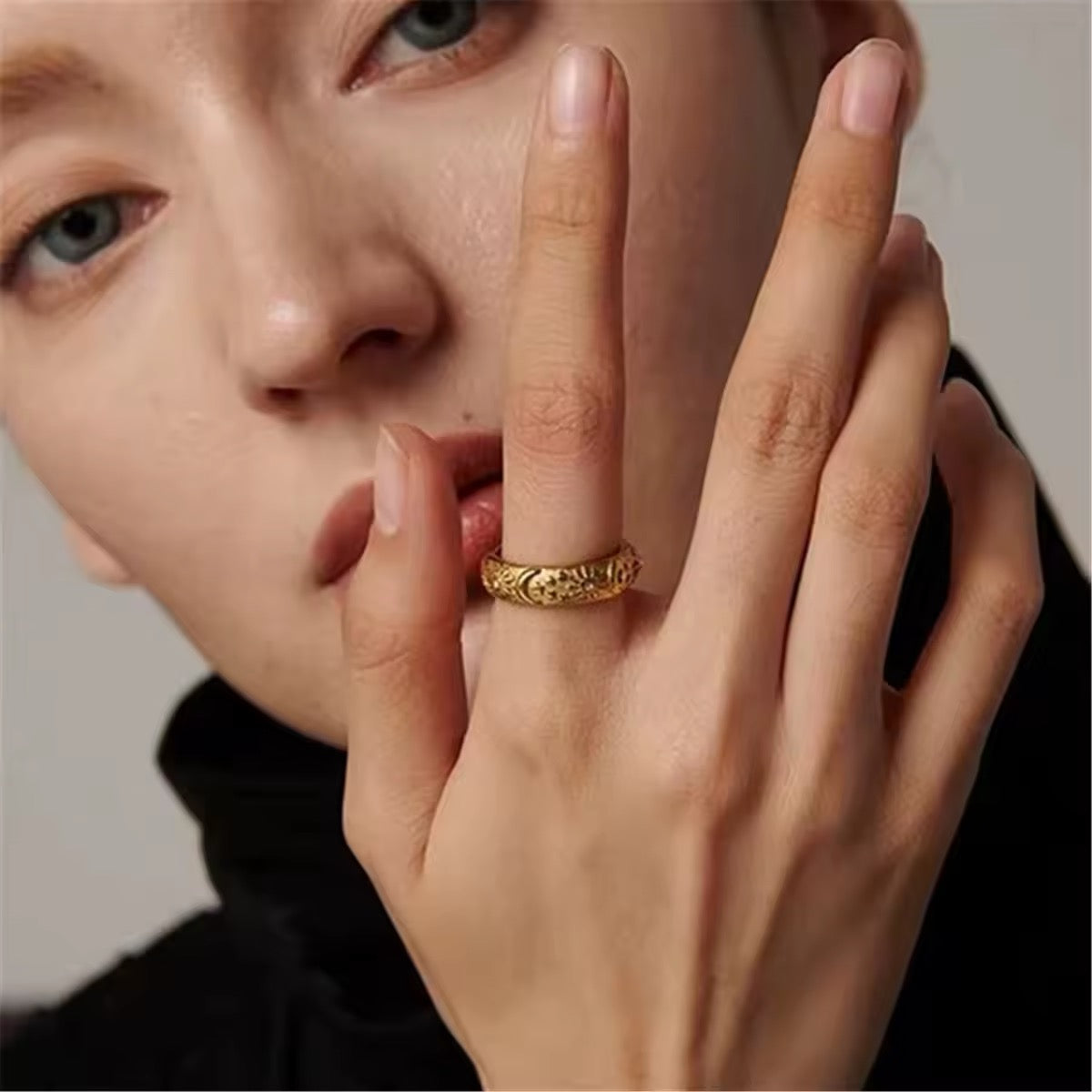 18K gold-plated celestial moon ring close-up