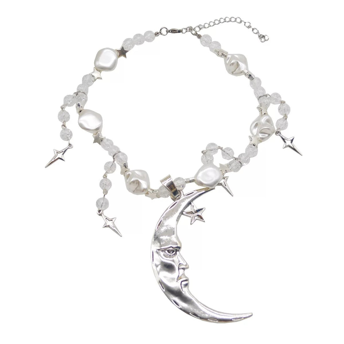 Y2K aesthetic pearl choker with a celestial moon and star pendant, luxury vintage-inspired jewelry for spiritual and mystical fashion lovers