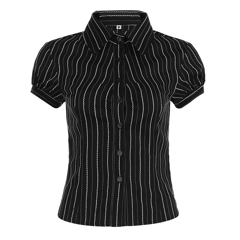 Y2K striped button-up blouse with a vintage-inspired slim fit design