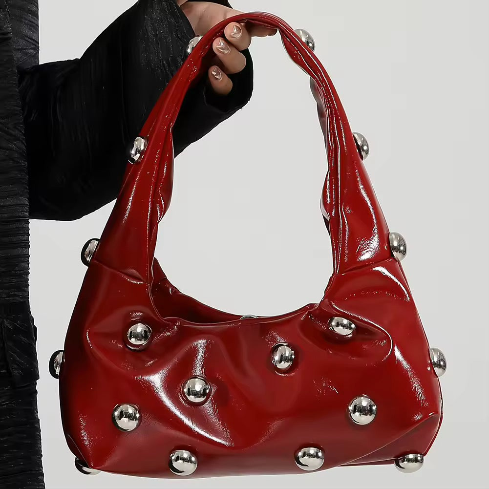 Chic rivet shoulder bag in glossy red PU leather