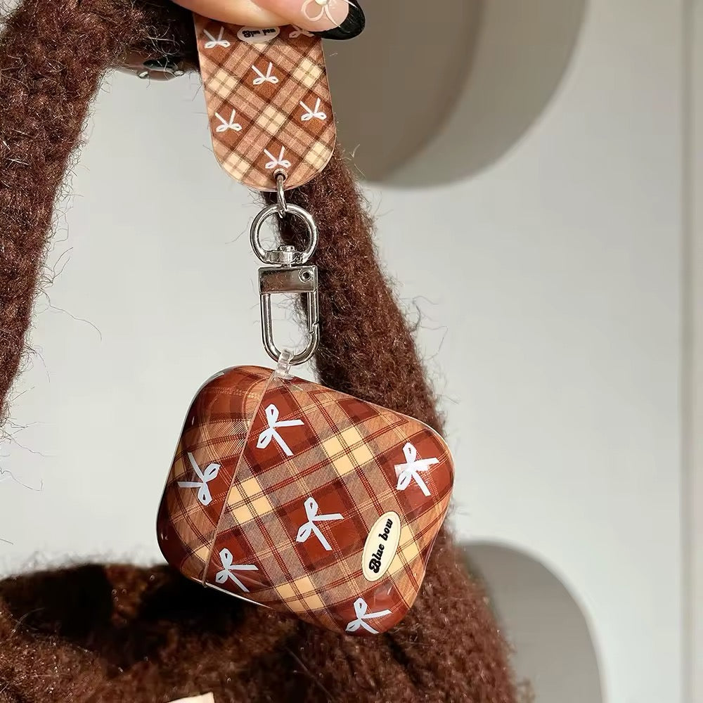 Hard PC material plaid AirPods case with bow keychain and tag