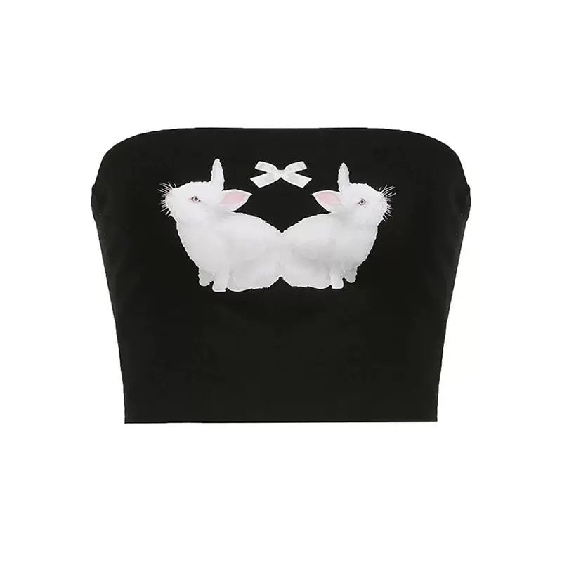 Y2K coquette rabbit tube top with lace trim and cute bunny print