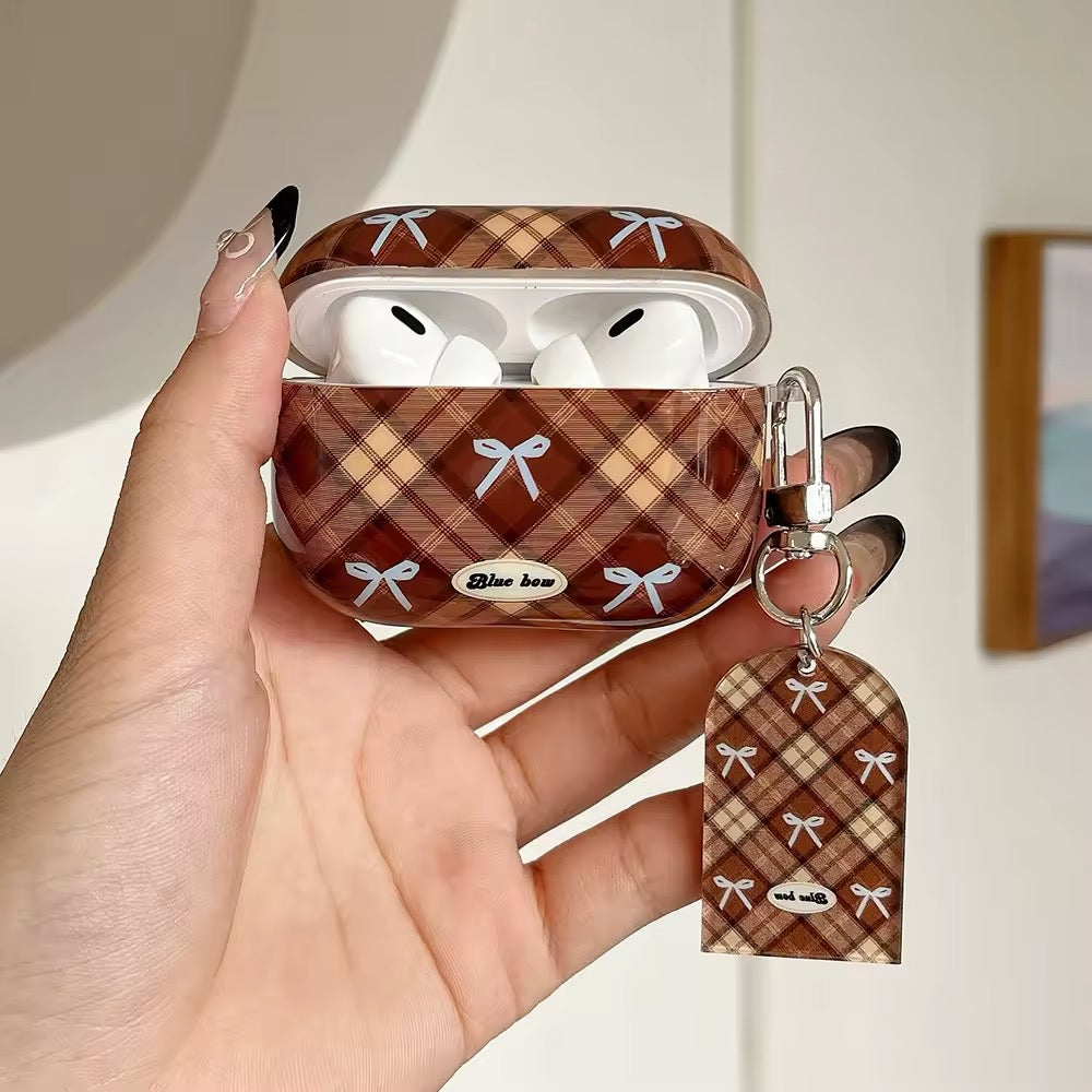 Kawaii AirPods case with retro plaid pattern and hard protective shell