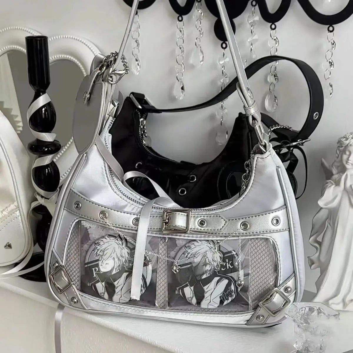 Transparent Y2K coquette shoulder bag with silver bow in kawaii soft girl aesthetic style, perfect for balletcore and Harajuku outfits