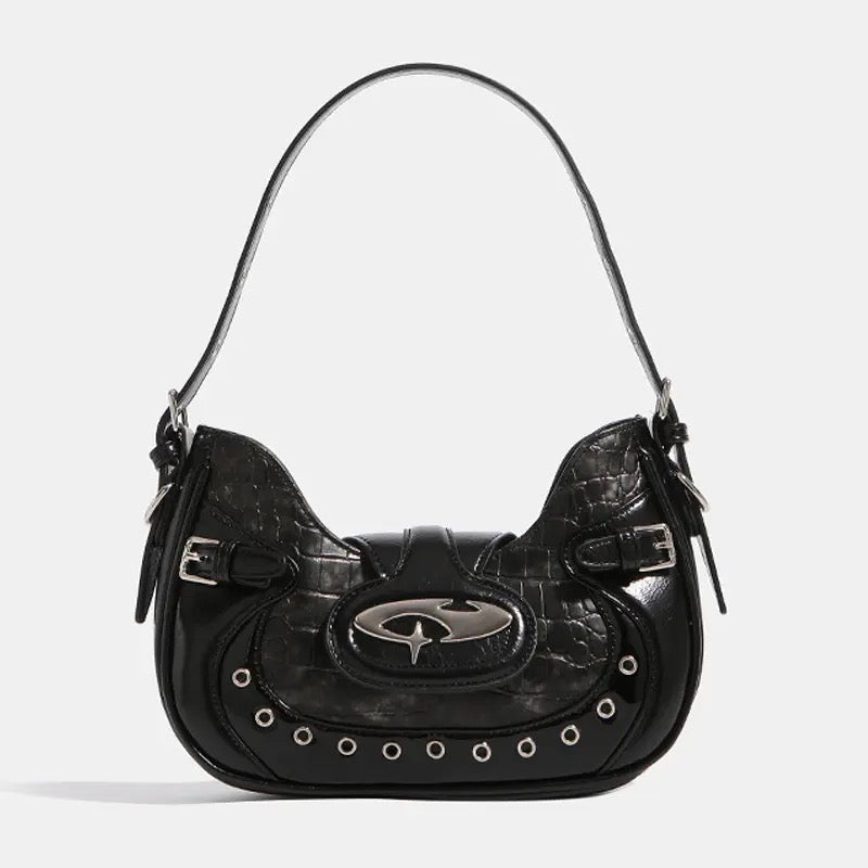 Coquette crescent-shaped mini bag with heart decor, edgy details and detachable strap