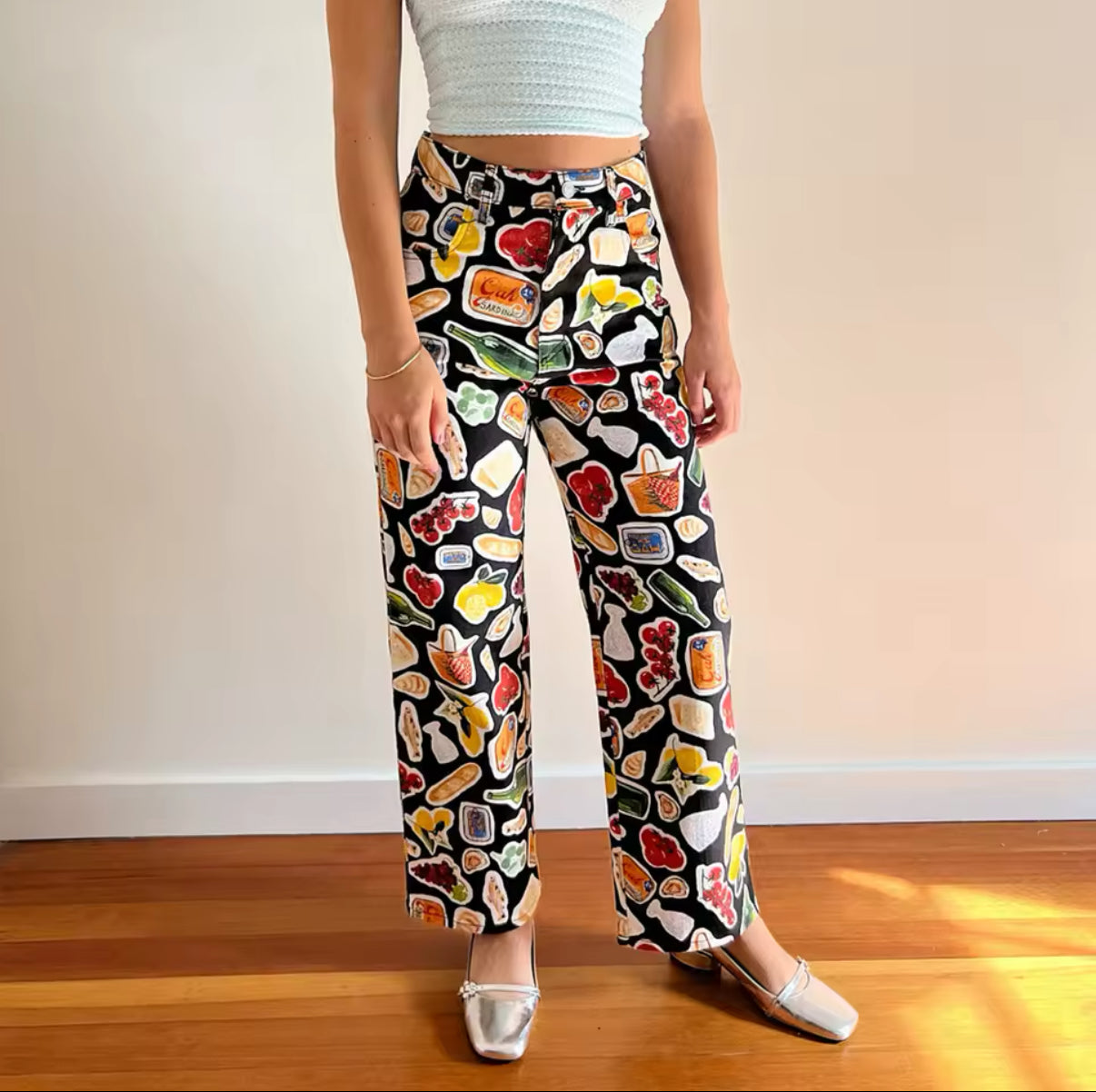 Preppy summer jeans with strawberries, pizza, and cherry designs