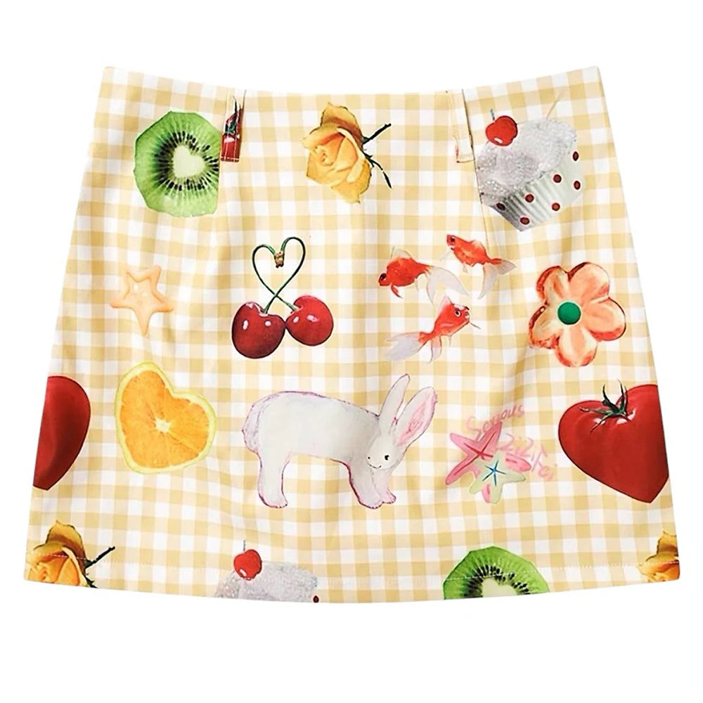 Korean Harajuku-inspired plaid skirt with fresh fruit print and ruffle hem