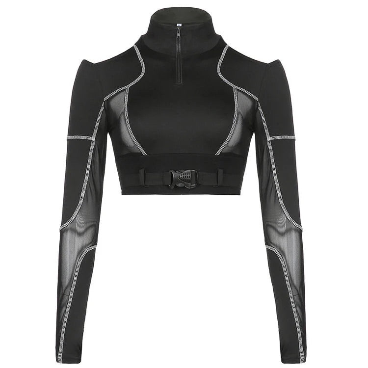 Cyber Gothic long sleeve crop top, sexy hollow-out patchwork tee, Emo Alt aesthetic mesh techwear shirt for Mall Goth & cyberpunk streetwear fashion