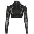 Cyber Gothic long sleeve crop top, sexy hollow-out patchwork tee, Emo Alt aesthetic mesh techwear shirt for Mall Goth & cyberpunk streetwear fashion